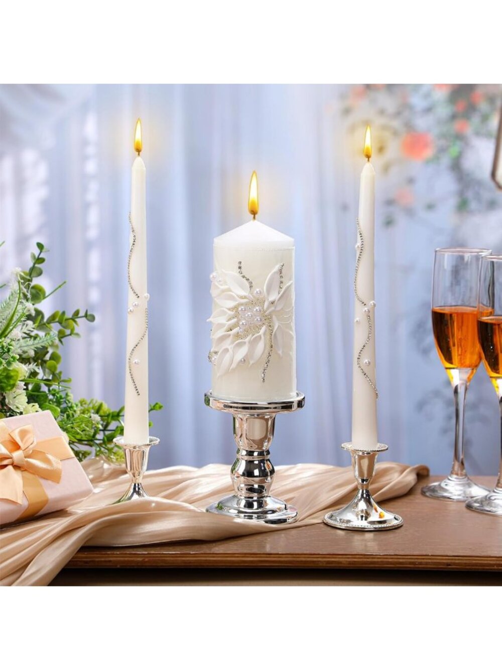 Elegant Unity Candles Set for Wedding Ceremony with Silver Holder - Perfect